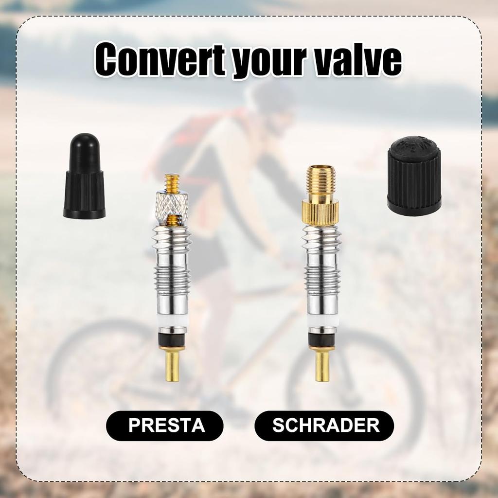 Valve Core Repair Kit for Presta, 4 Valve Cores 4 Valve Core Caps 4 Nuts 2 Plastic Caps 2 Converters and 2 Plastic & Alloy Valve Stem Dismantle