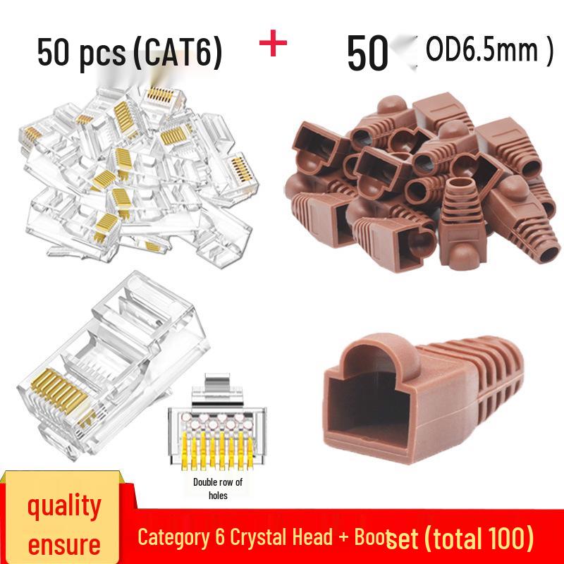 RJ45 Boot 50-Piece Set: Gold-Plated CAT6 Crystal Head & Network Cable Rubber Boots - 100 Pieces Total