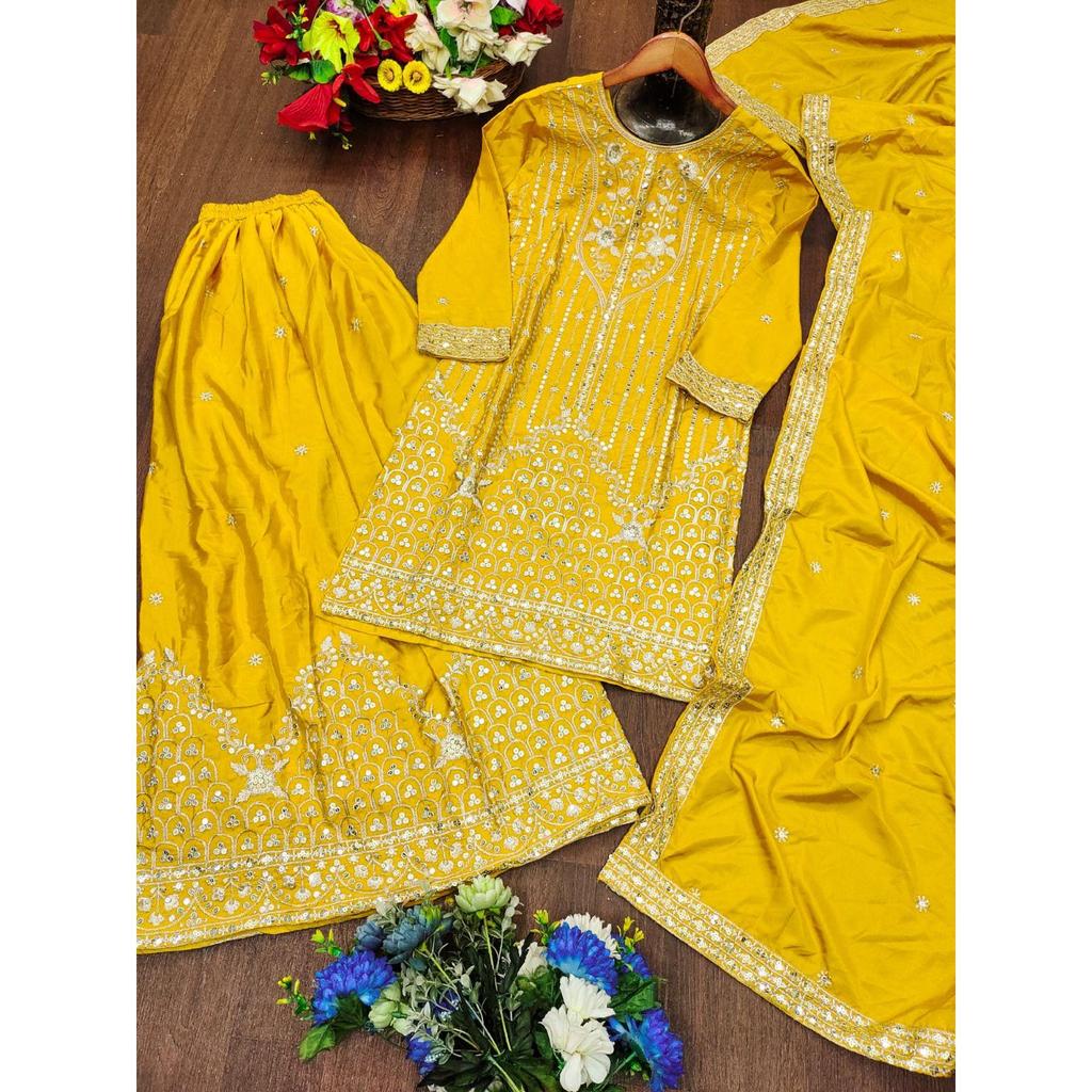 Presenting  New Designer Embroidered Natural Crep Sharara Suit With Sequence Embroidered Work