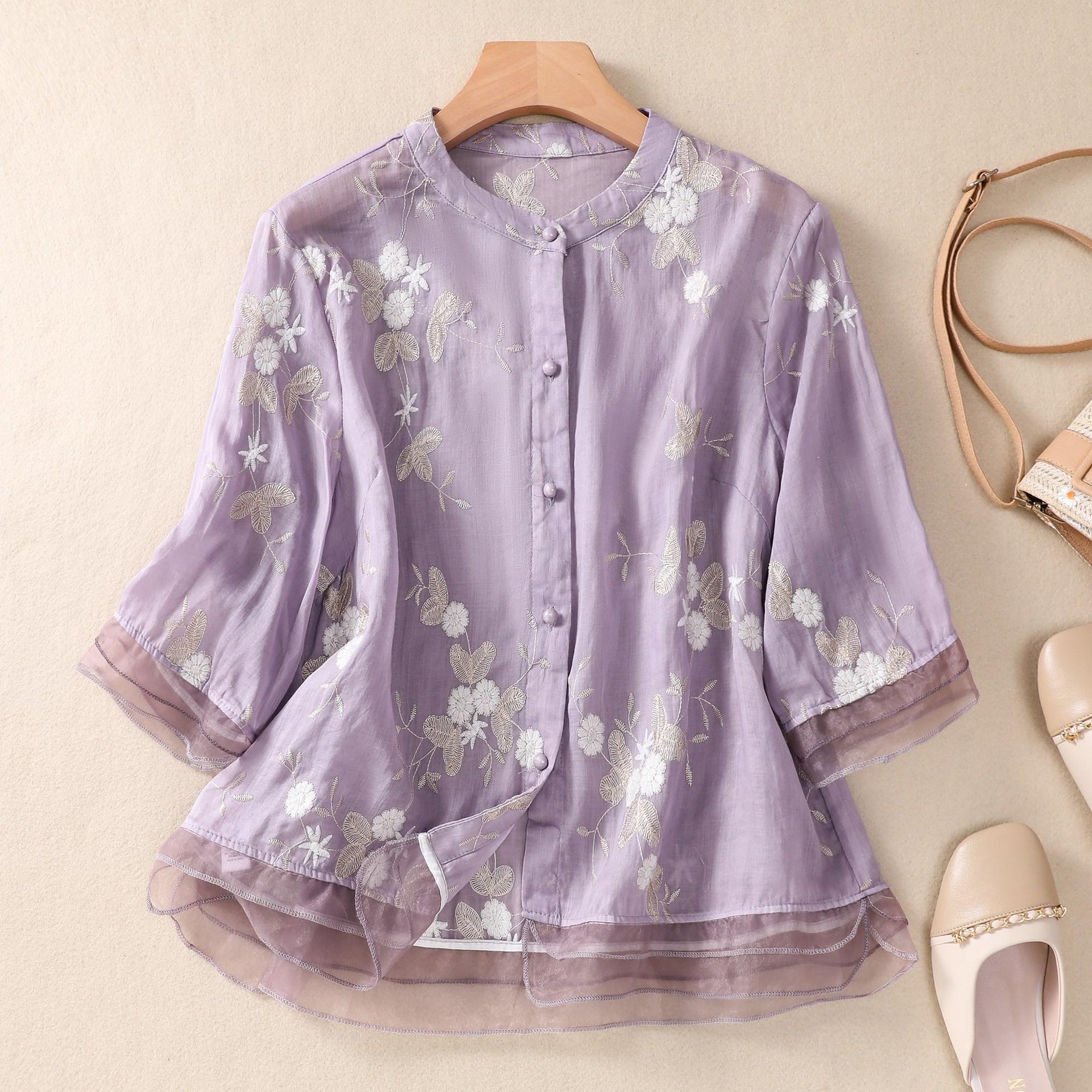 

Женские блузки с вышивкой и круглым вырезом Свободные топы Женская одежда Китайский стиль Лето M фиолетовый