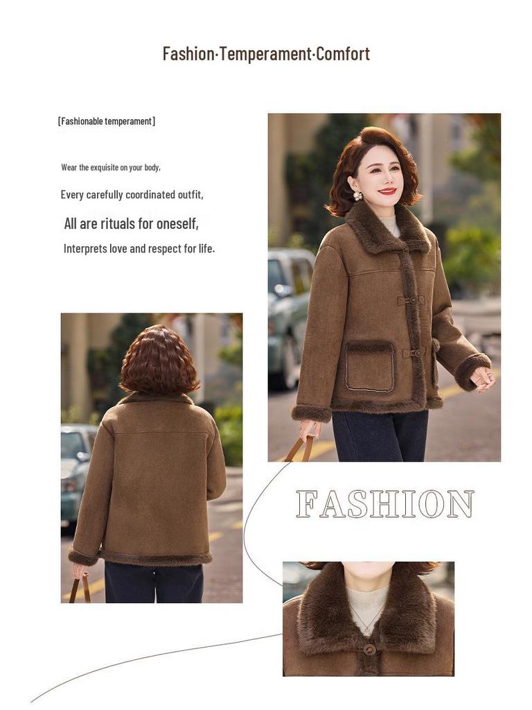 Mature Women's Fur-Lined Lapel Coat, Ages 40-60, Plus Velvet Warm Short Slimming Style