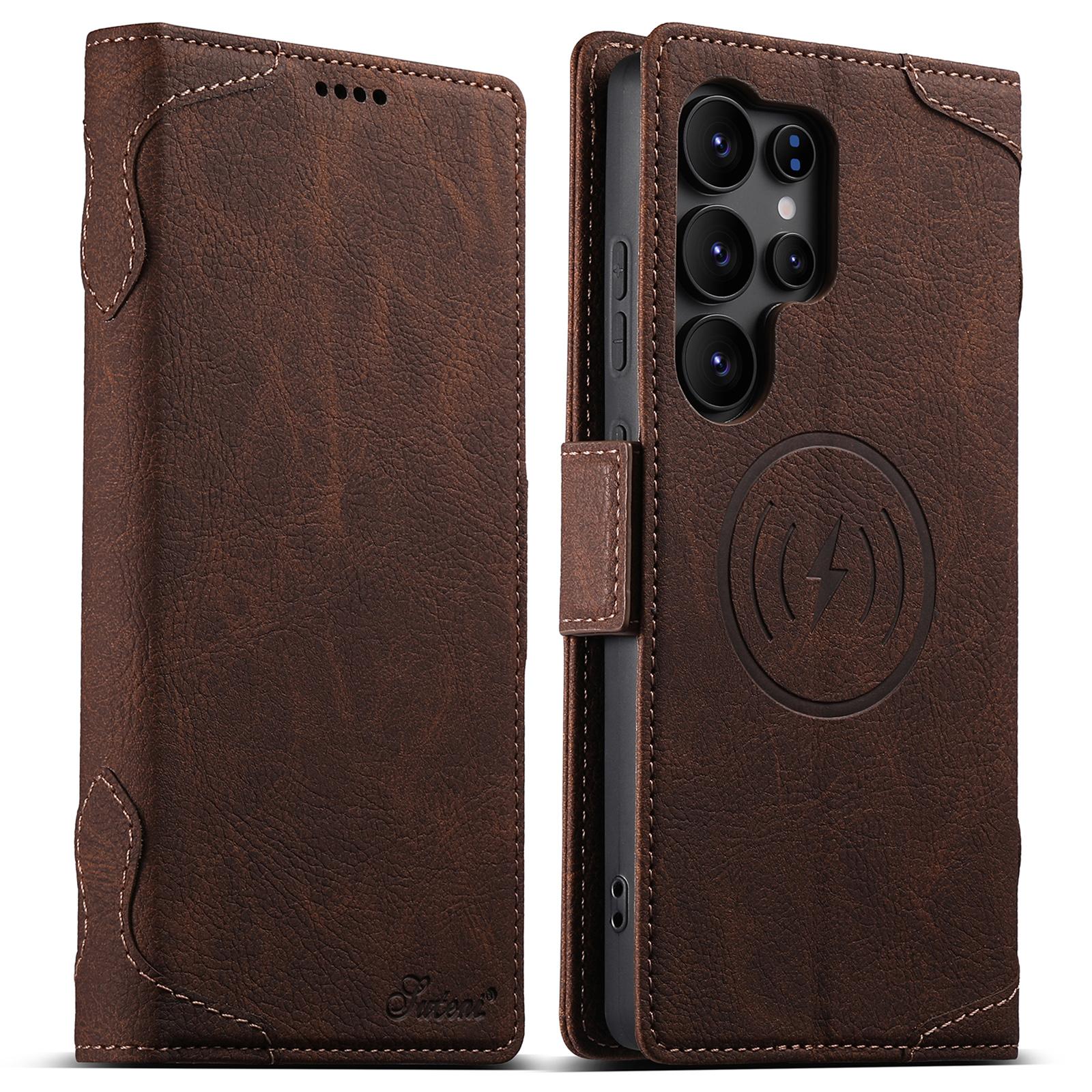 

SUTENI J07 For Samsung Galaxy S25 Ultra Case Compatible with MagSafe Litchi Texture Leather Wallet Phone Cover Brown