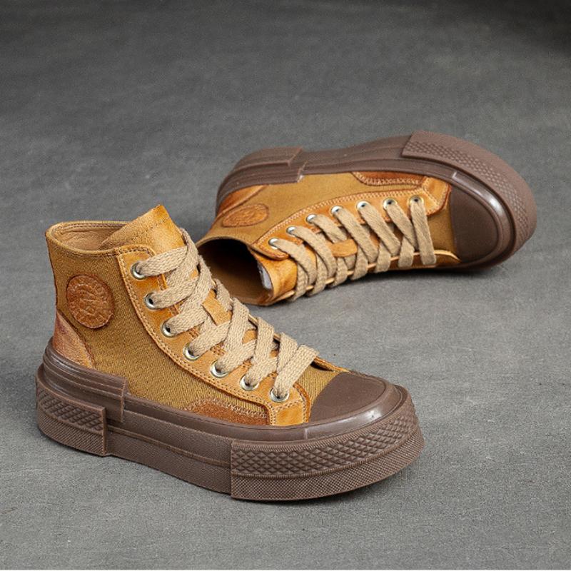 Johnature Pravá kůže Ženy Ležérní Ploché Šněrování s kulatou špičkou Silná podrážka Pohodlné boty na platformě