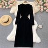 Temperament Autumn Women Black Velvet Dress Fashion Square Collar Long Sleeve Skinny Slit Elegant Female Long Dress