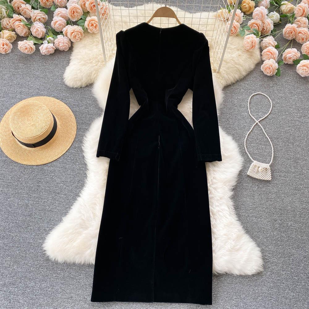Temperament Autumn Women Black Velvet Dress Fashion Square Collar Long Sleeve Skinny Slit Elegant Female Long Dress