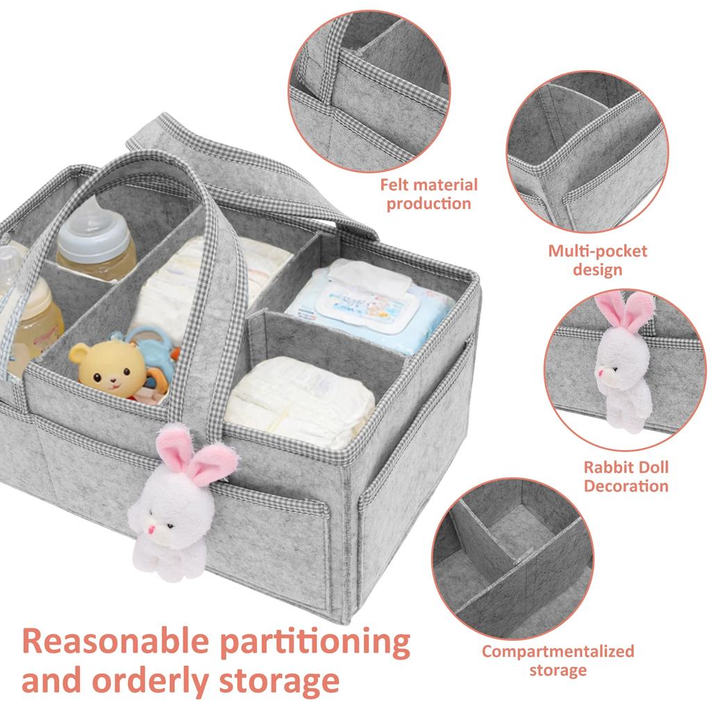 Baby Diaper Caddy Felt Baby Diaper Organizer with 5 Compartments Portable Nursery Storage Basket Nappy Diaper Changing Organizer