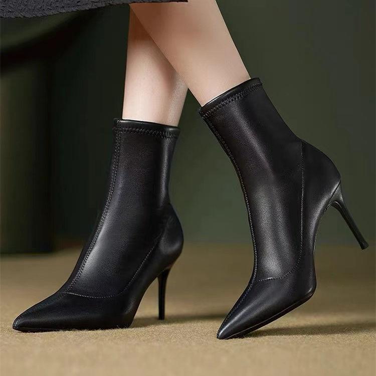 White small short boots women's 2025 new autumn and winter thin boots pointed high heels beige French European and American stiletto boots