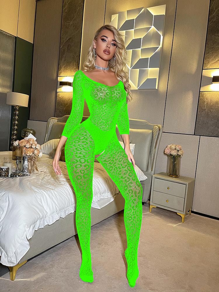 Sexy Lingerie Sexy One-piece Long-sleeved Silky Perspective One-word Shoulder Tights Mesh