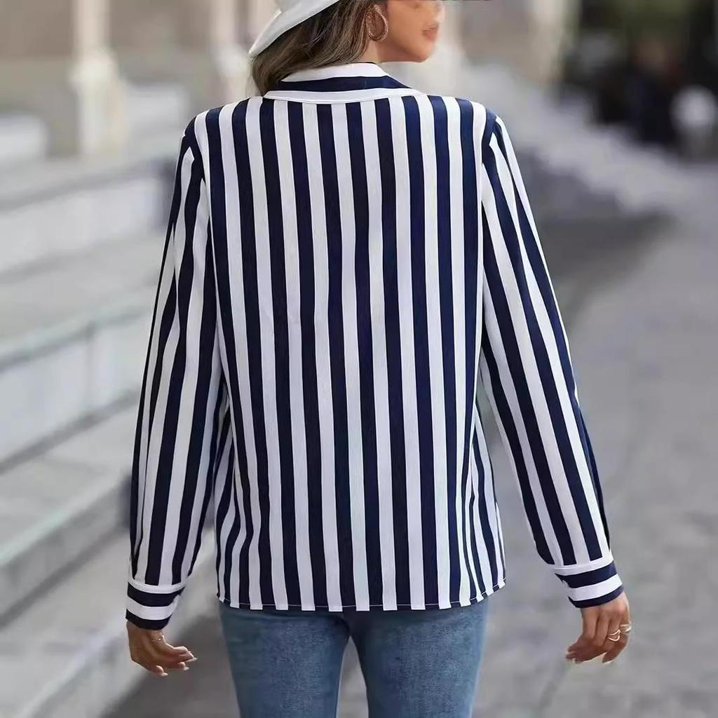 2024 Women's Spring/Summer Blue Striped Fashion Shirt - Versatile European and American Style