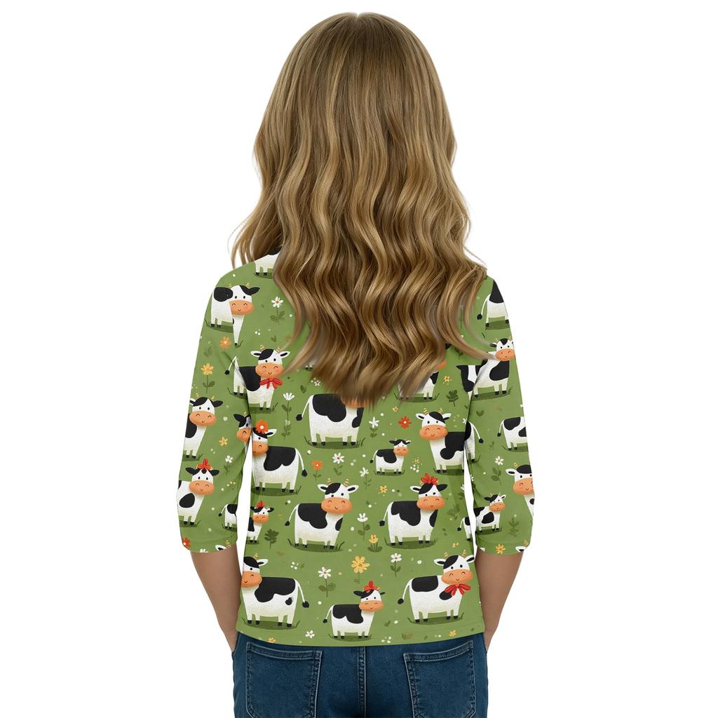 Children's Three-Quarter Sleeve Round Neck Top with Animal Print for Casual Daily Wear
