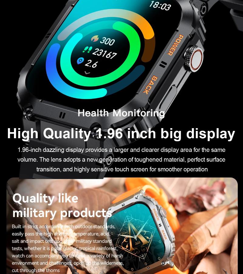 2025 New Outdoor Sports Fitness Smartwatch for Men 1.96 Inch Screen Bluetooth Calling Waterproof Watches Blood Oxygen Reloj Hombre