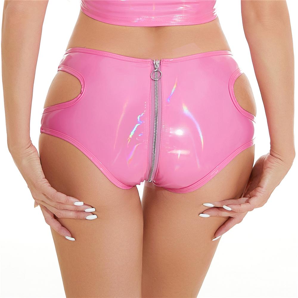 Sexy Women Zipper Open Crotch  Short Oil Glossy Shiny Low Waist Short PVC PU Hollow Out Exotic Briefs Maid Dance Wear