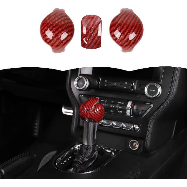 RT-TCZ Gear Shift Knob Cover Trim Interior Accessories for Ford Mustang 2015-2024 3PCS (Red Carbon Fiber)