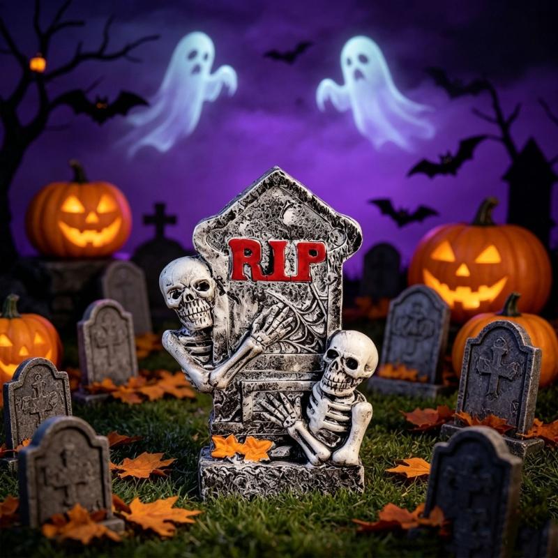 Shelf Ready Halloween Grave Marker Item, Resin Bone Figure Accent for Entry Table Styling and Event Display Use