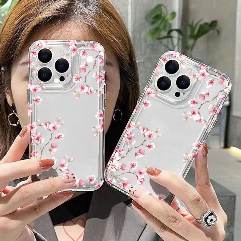 Pink Flower Design Transparent Phone Case For iPhone 17 16 15 14 13 12 11 Pro Air Max XS X XR 7 8 Plus Shockproof Soft TPU Cover