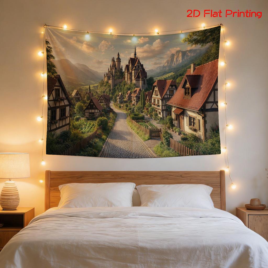 Huge Decorative Landscape Tapestry Wall Art Canvas Print European Village Cottage Style Scenic Room Decor for Bedroom Living Are