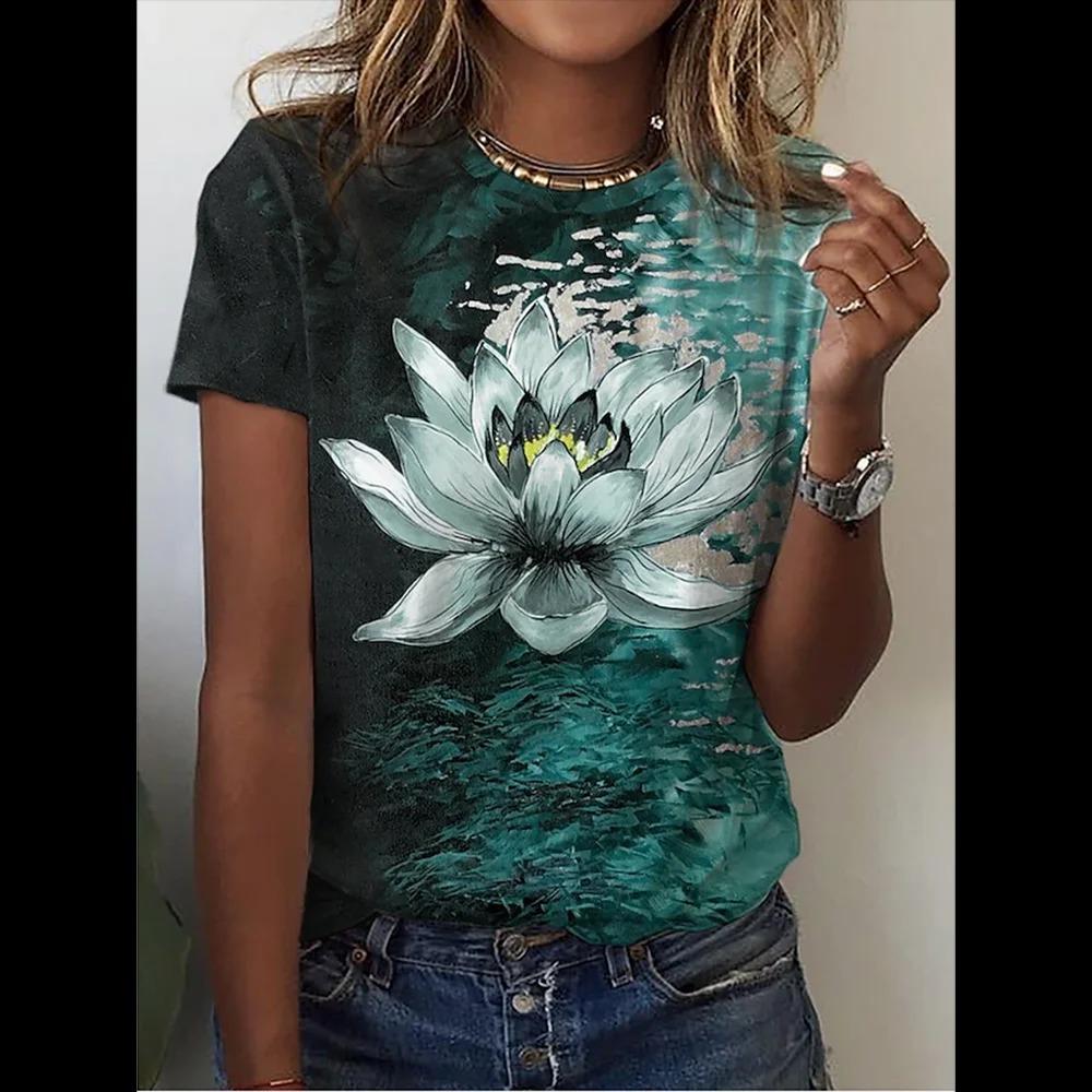 Summer Round Neck 3D Dragonfly Butterfly Lotus Printed Top Fashionable Casual Short Sleeved Women's T-shirts