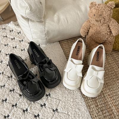 Black Bow Thick Heel Platform Small Leather Shoes Women's Skirt One Pedal Loafer Single Shoes