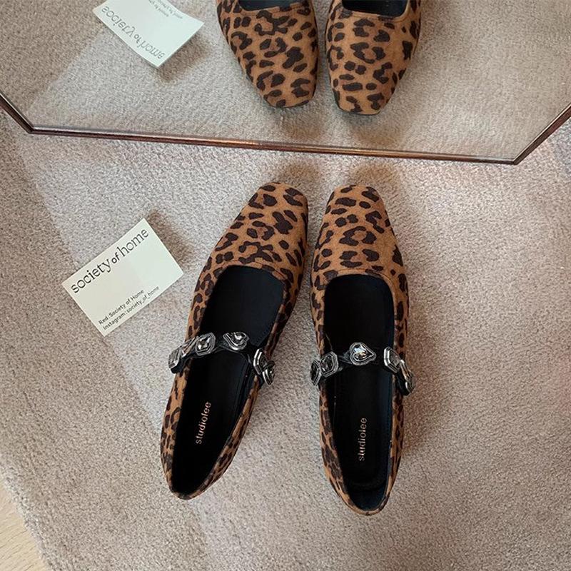Temperament square head love leopard print drill belt shallow mouth Mary Jane shoes flat single shoes women