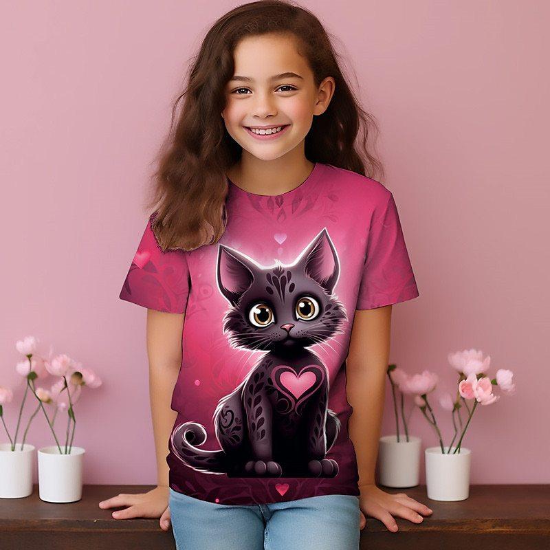 Summer New Cute Cat T-shirt 3-14 Year Old Children's 3D Cartoon Anime Pattern Children's Girls Boys Fashion Short Sleeves