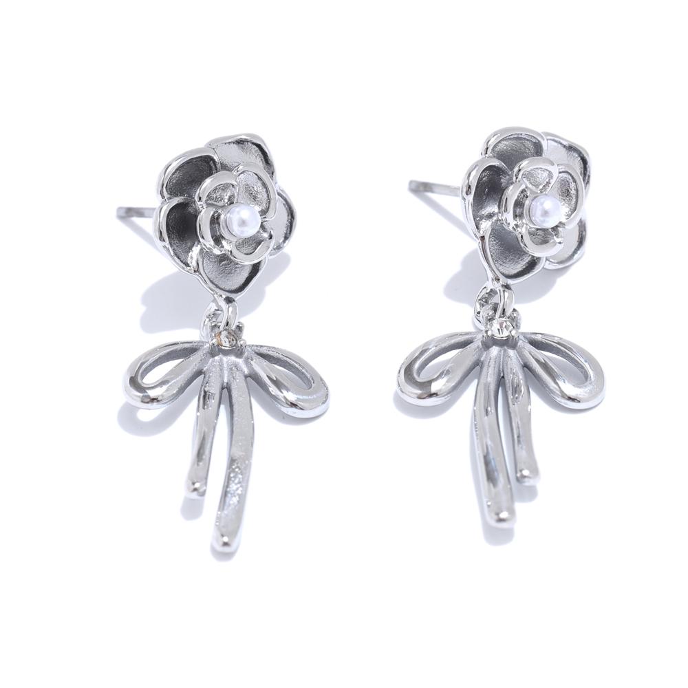 

Yhpup Hot Style Stainless Steel Rose Flower Pearl Bow Knot Drop Earrings Waterproof Stylish Versatile Trendy Jewelry Gift