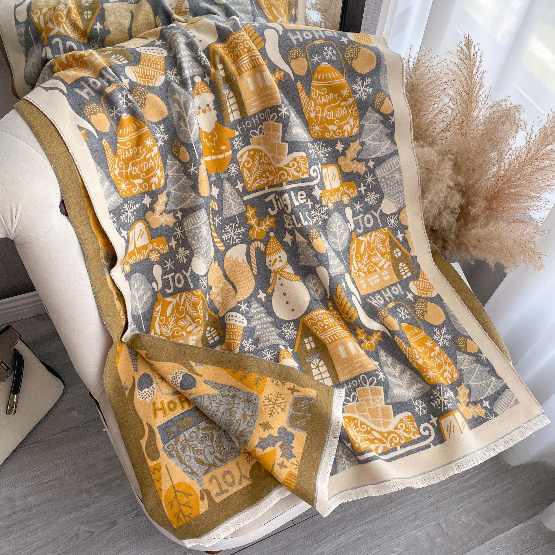 

Осенне-зимний рождественский шарф, женский универсальный, имитация кашемира, двухсторонний, двойного назначения, утолщенный, теплый, шейный рождественский шарф 190x65cm серый/жёлтый