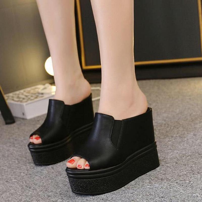 Fashion FHC14cm High Heels Wedges Sandals,Summer Shoe,Platforms Slides,Peep Toe Slippers,Microfiber Leather Slip On,Black,White,Dropship