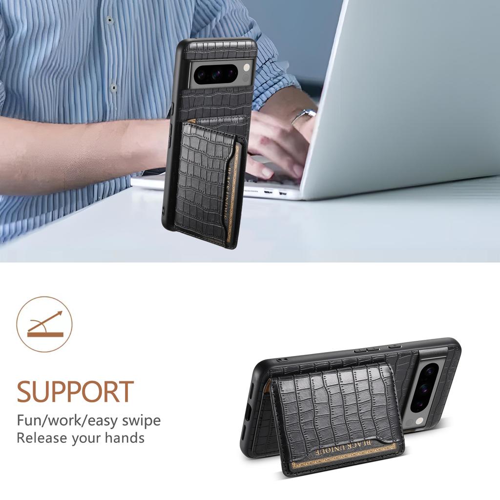 For Google Pixel 8 Pro Kickstand Case Card Holder Phone Cover Crocodile Texture