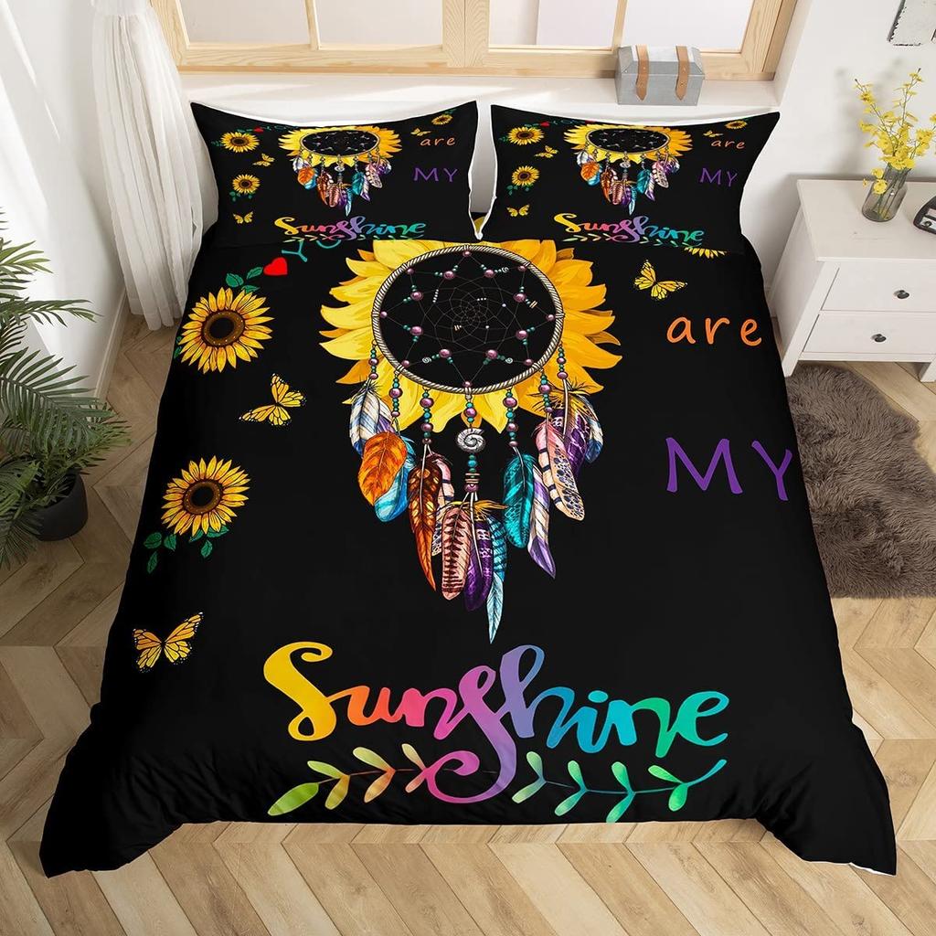 Sunflower Duvet Cover Set Polyester Comforter Cover Pink Tie Dye Bedding Set Yellow Petal Floral For Kids Girls Women King Size