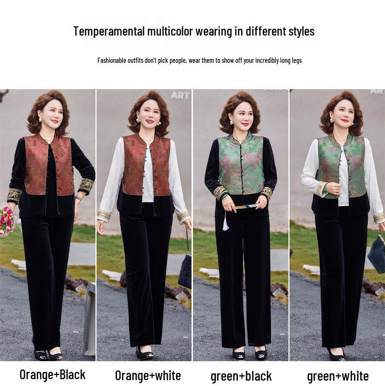 Elegant Spring/Autumn Three-Piece Set: Stylish Chinese-Style Vest & Top for Middle-Aged Women