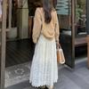 Fleece-Lined Lace Tiered Long Skirt – Cream/Black, From Korea