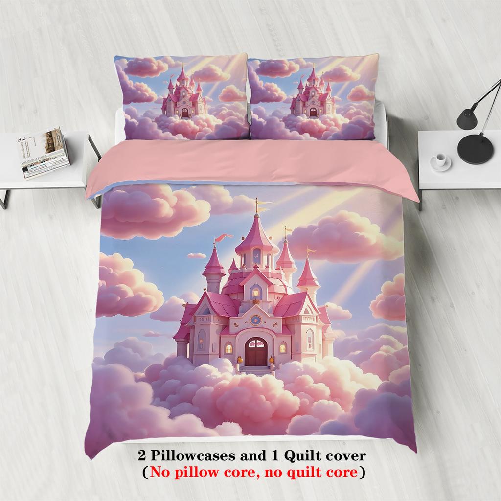 3pcs Pink Castle in The Sky Pattern Print Duvet Cover Set, Soft,comfortable and Breathable,for Bedroom,Hotel,Best Gift for Girls