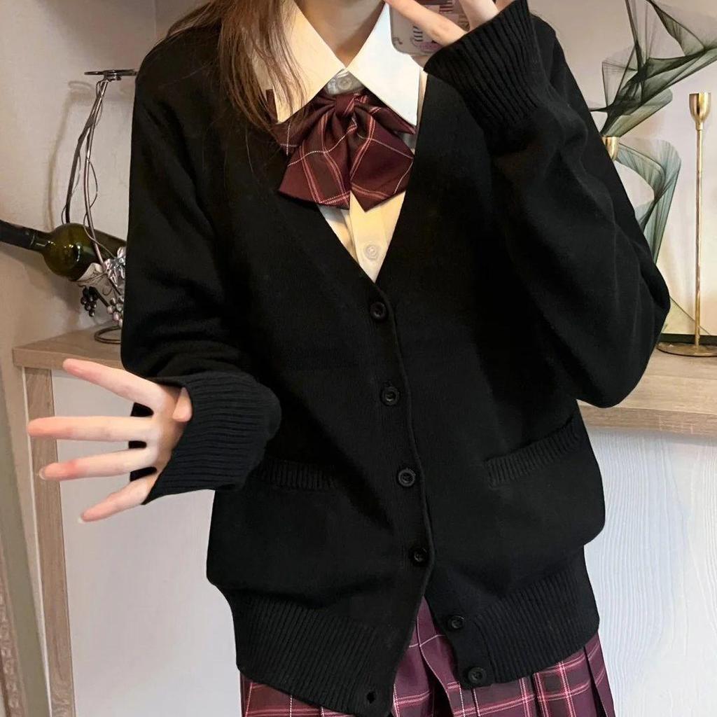 Spring and Autumn JK Sweater Solid Color V-neck Knitted Sweater JK Uniform Cardigan Top Women's Cotton Sweater