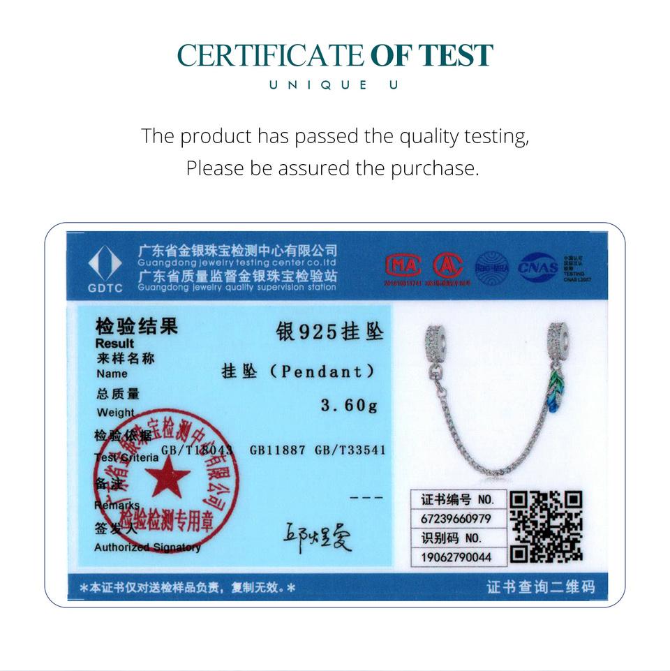 BAMOER 925 Sterling Silver Blue Emalia Feather Łańcuch Bezpieczeństwa nadające się do Charms Bransoletka i Bransoletka Klip Charms DIY Biżuterii