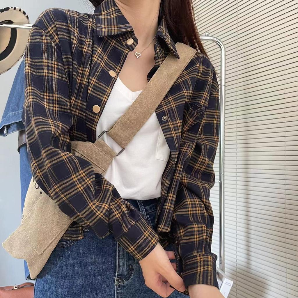 1116 New plaid shirt women's jacket women's loose long-sleeved stacked wear design sense retro casual plaid top trendy