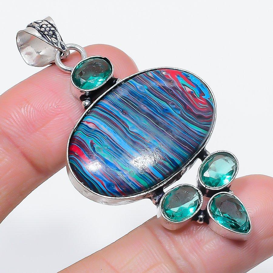 

Натуральный Радужный Кальцит, Турмалин Подвеска из стерлингового серебра 925 пробы 2,40 y0W87