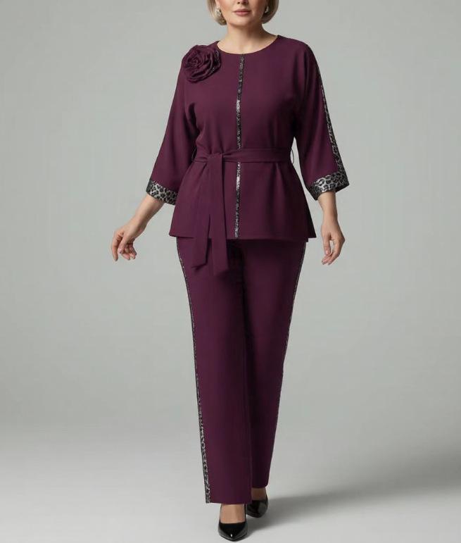 2026 Plus Size Women's Leopard Print Floral Patchwork Set - Elegant European & American Style