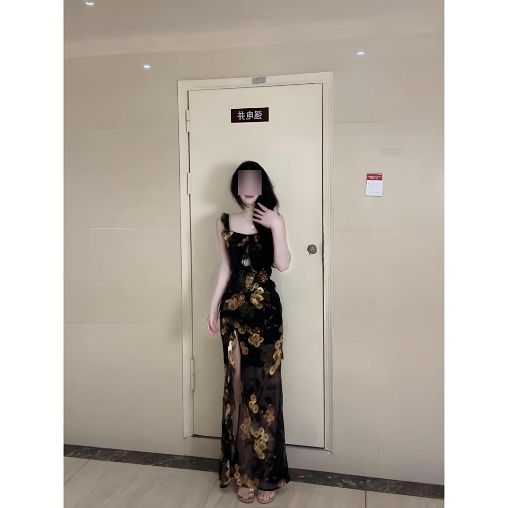 Royal sister style retro unique beautiful temperament split fork tight hip long dress floral casual suspender dress summer