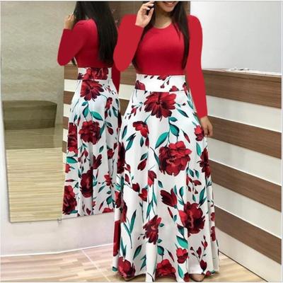 Autumn Wind Flower Print Color-blocked Long Sleeve Dress for Women's Women Dress