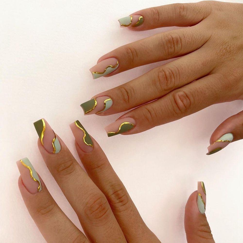 24Pcs Marble Gradient Gold Foil Long Coffin False Nails Full Cover Detachable Press On Nail Tips