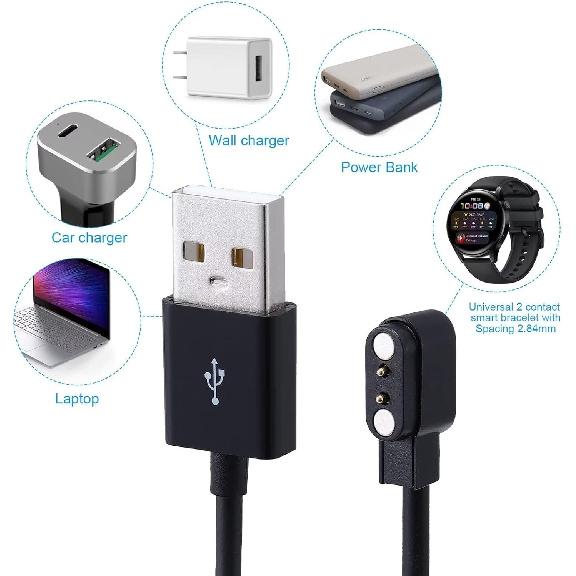 2Pcs 2-Pin Universal Black USB Data Charging Cable with Magnetic Charger Charging Mode for Smart Watch 2.84mm