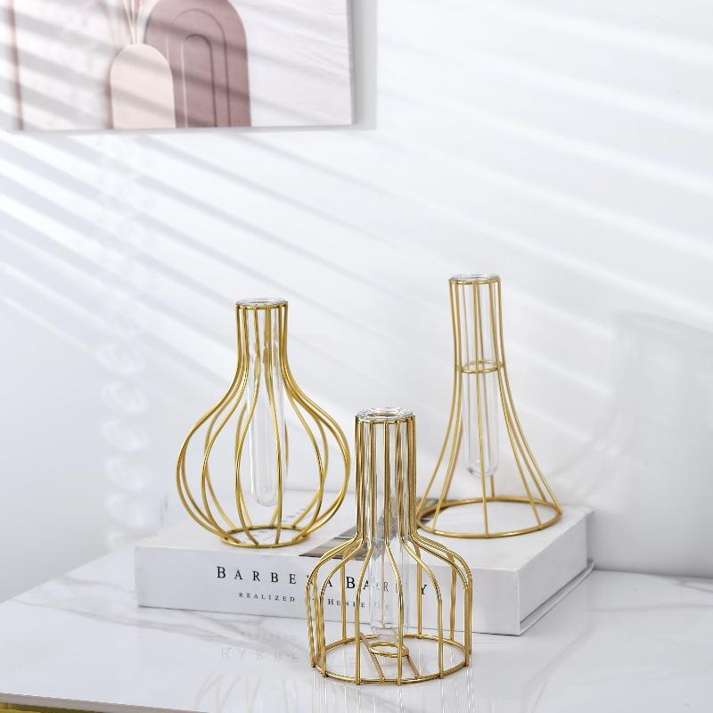 Retro Iron Art Vase Nordic Styles Hydroponic Flower Vase Black Gold  Glass Test Tube Metal Holder Geometric Line Frame Vases