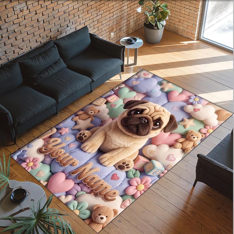 Pug Theme Crystal Velvet Floor Rug Personalized Custom Name Text Warm Carpet Home Decoration