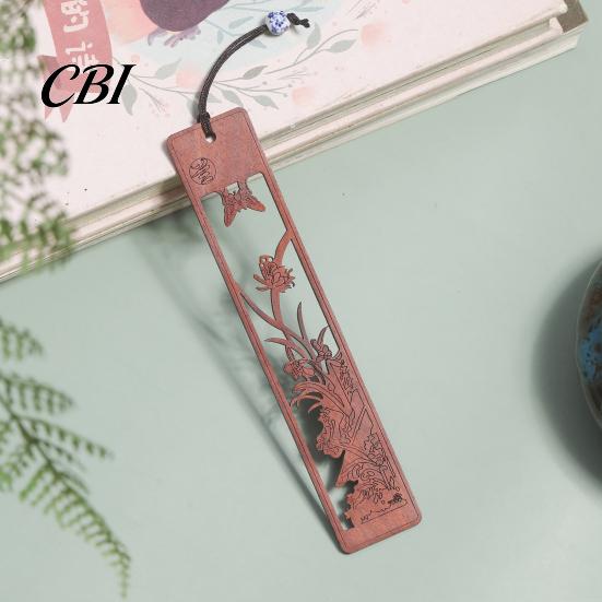 Traditional Chinese Design Bookmark Rosewood Bookmark, Plum Orchid Bamboo Chrysanthemum Carved Classic Fine Oily Wood Style Page Marker for