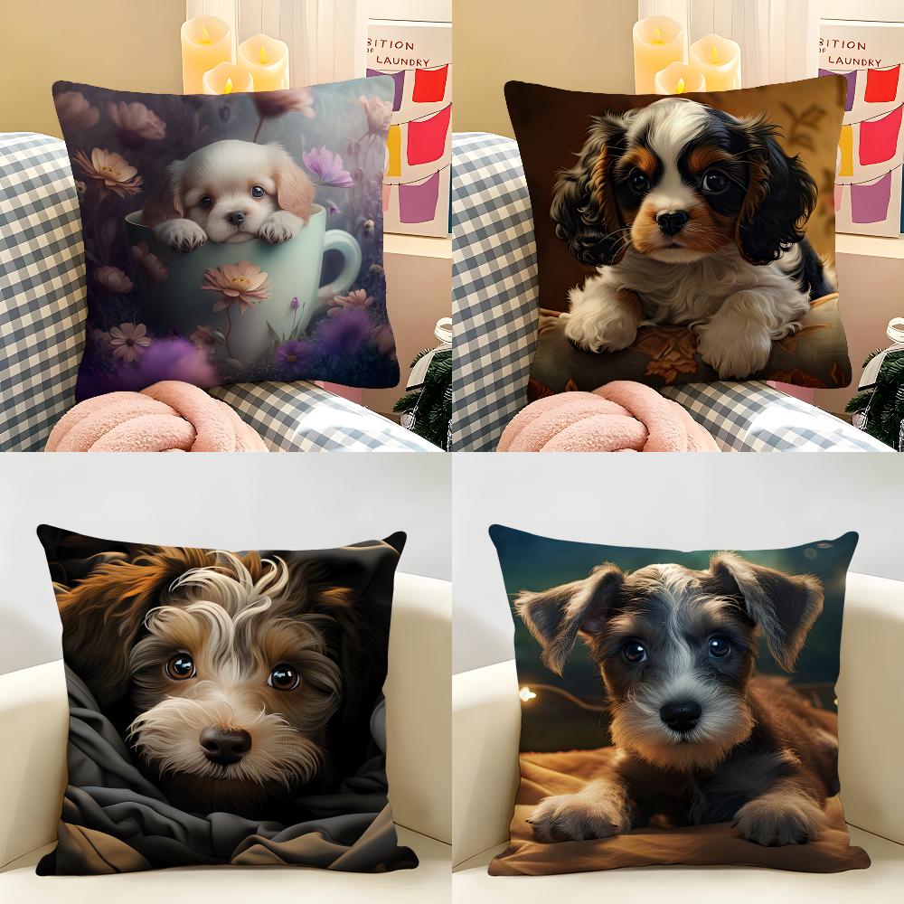 Cute Puppy Cartoon Kawaii Cushion Cover Natural Linen Organic Fabric DoubleSided Printing Room Sofa Decor Pillow Case