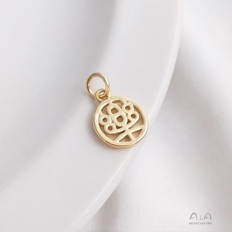 14K Gold-Filled Fu Character Round Plaque Pendant DIY Bracelet Charm.