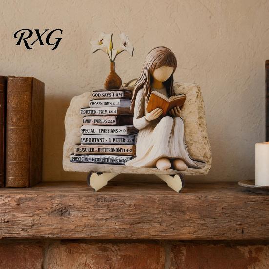 Minimalist Shelf Decor Sculpture Wooden Reading Girl Figurine, Stable Pastoral Style Statue Desktop Base Craft Decor, Artistic Healing Ornament,