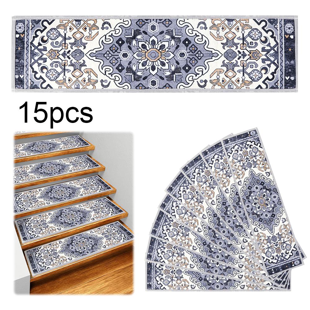 15PCS Rug Tread Reusable Non Slip Indoor Stair Rugs Bohemian Safety Mats Indoor Skid Resistant Stair Tread for Dogs Kids & Elder
