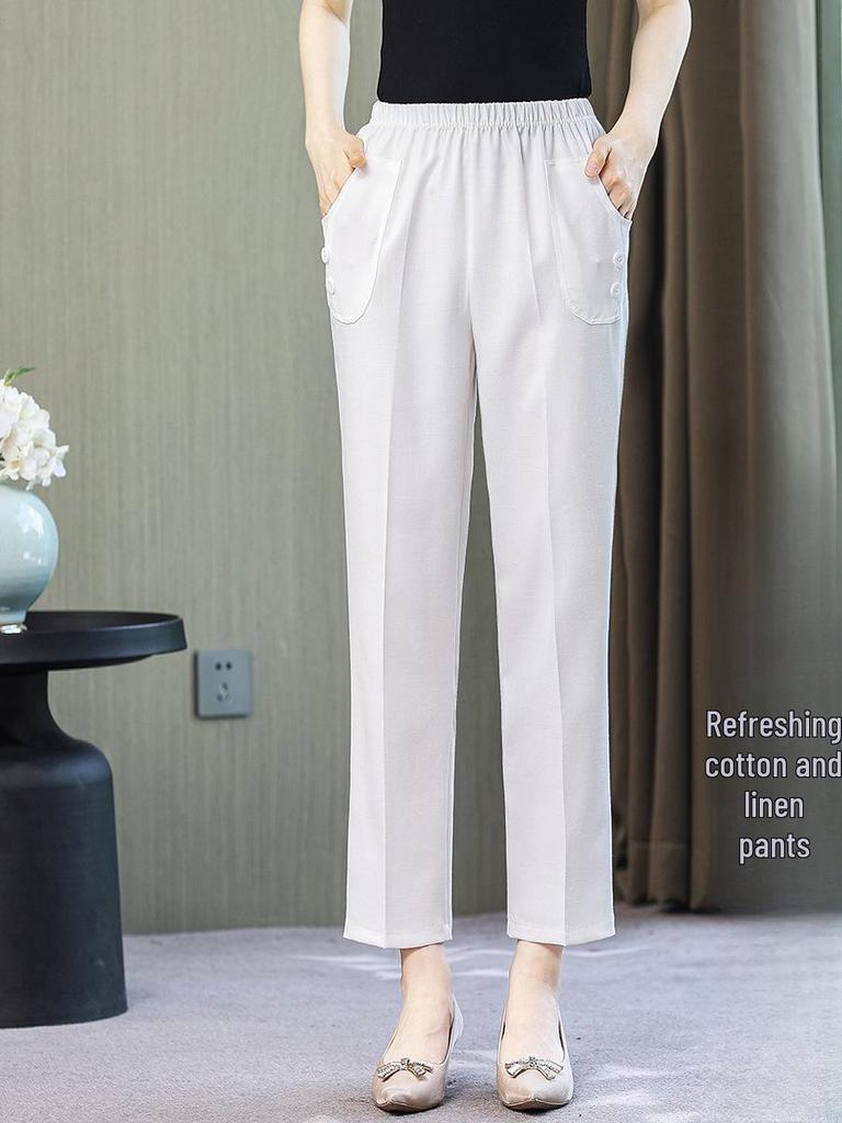 Women's High-Waist Cotton-Linen Summer Pants: Stylish, Elastic, Straight Fit for Middle-Aged and Elderly