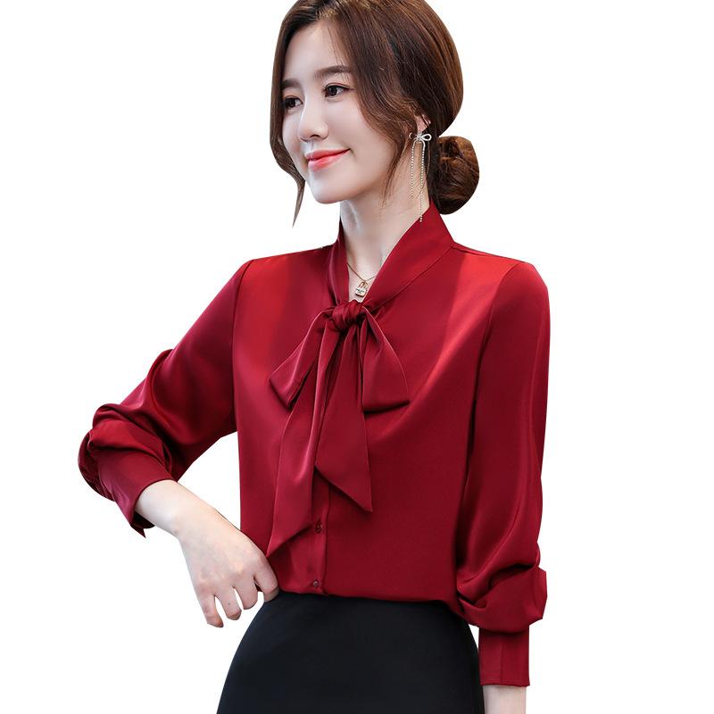1116 white shirt women's design sense niche autumn long-sleeved top fashion acetic acid satin temperament lace-up chiffon